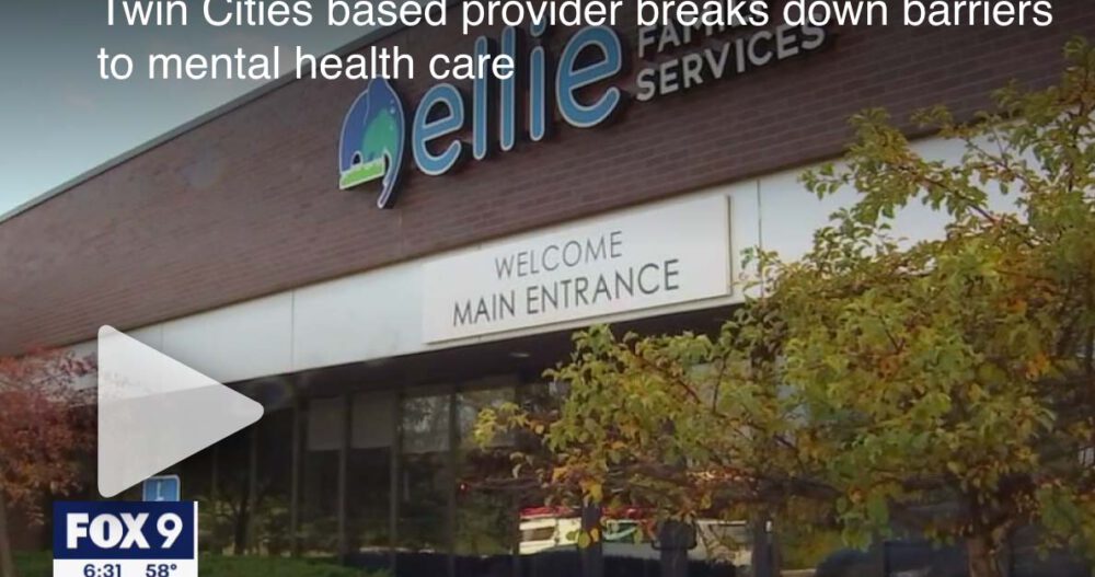 A television broadcast showing the entrance to an Ellie Mental Health office in Twin Cities, Minnesota