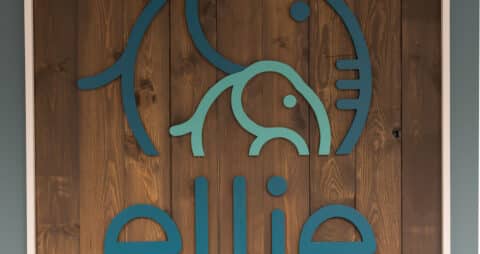 An interior photo of an Ellie Mental Health logo hanging on the wall.