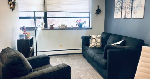 An interior photo of an Ellie Mental Health Therapy Clinic office with large windows, a dark blue couch facing a dark gray chair, and various wall art.