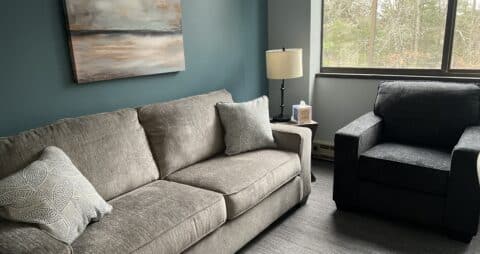An interior photo of an Ellie Mental Health Therapy Clinic office with gray sofa, dark blue chair, small table with a white table lamp, and an abstract painting hanging on the wall.